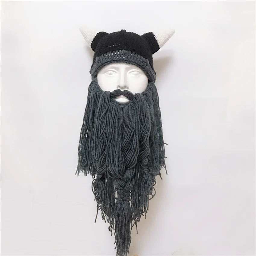 Winter Cos Personality Party Horns Bearded Funny Beanies Skull Hat Outdoor Warm Autumn Snow Viking Blacksmith Cold Cap Cool W189