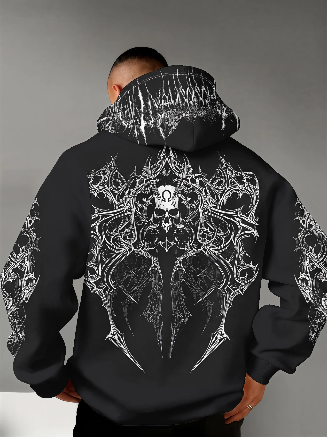 Men's Winter-Spring Hooded Sweatshirt with Skull Pattern for Casual Roller Skating Hip-Hop Streetwear