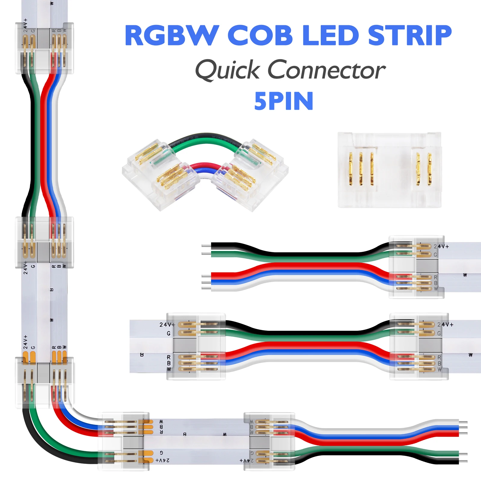 5Pin COB Strip Connector Extension Wire Solderless Adapter 200/100/50/20Pcs L/I Shape Corner Connector for High Density RGBW COB