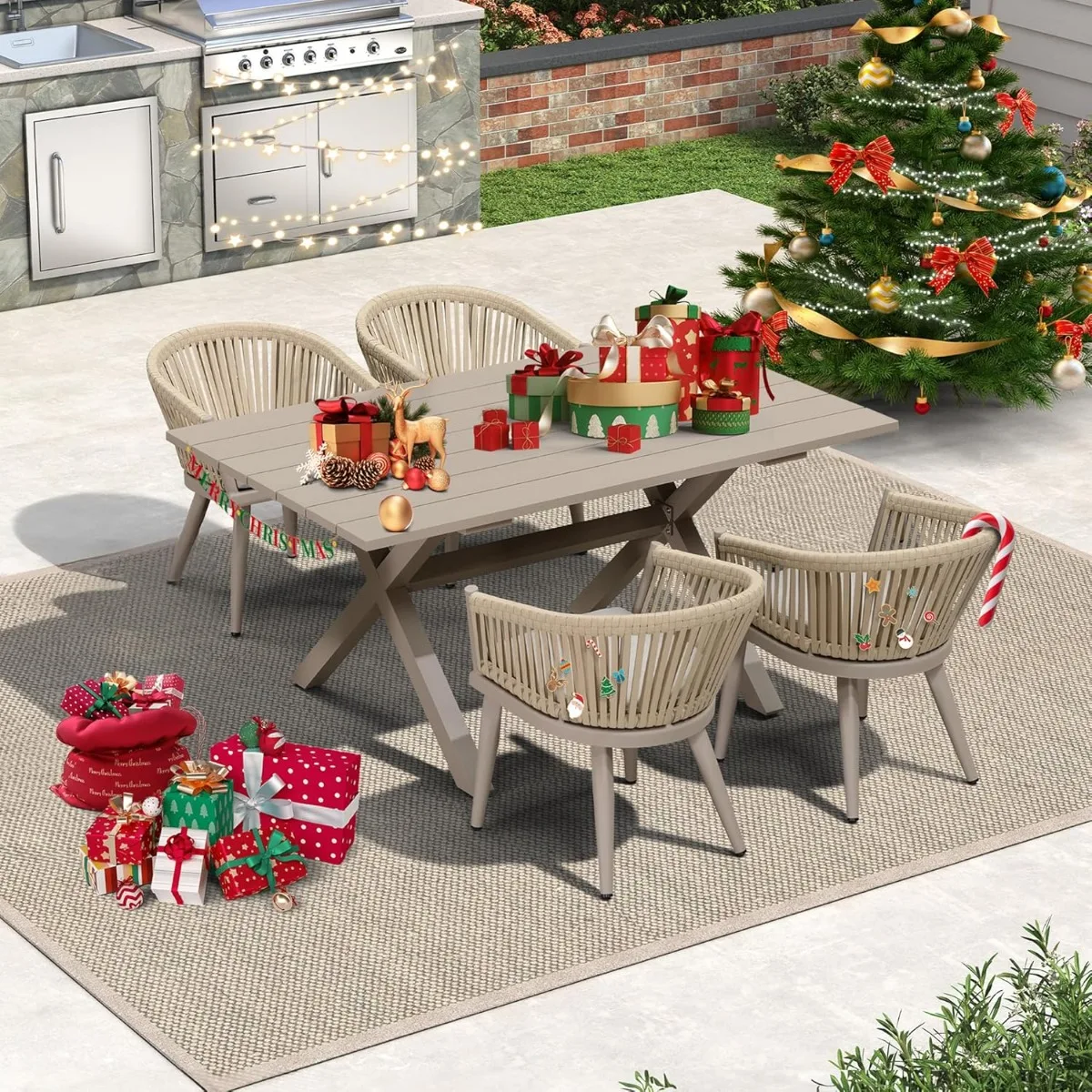 5 Pieces Outdoor Dining Set with Patio Aluminium Dining Table and Wicker Chairs Modern Furniture Cushions Sets