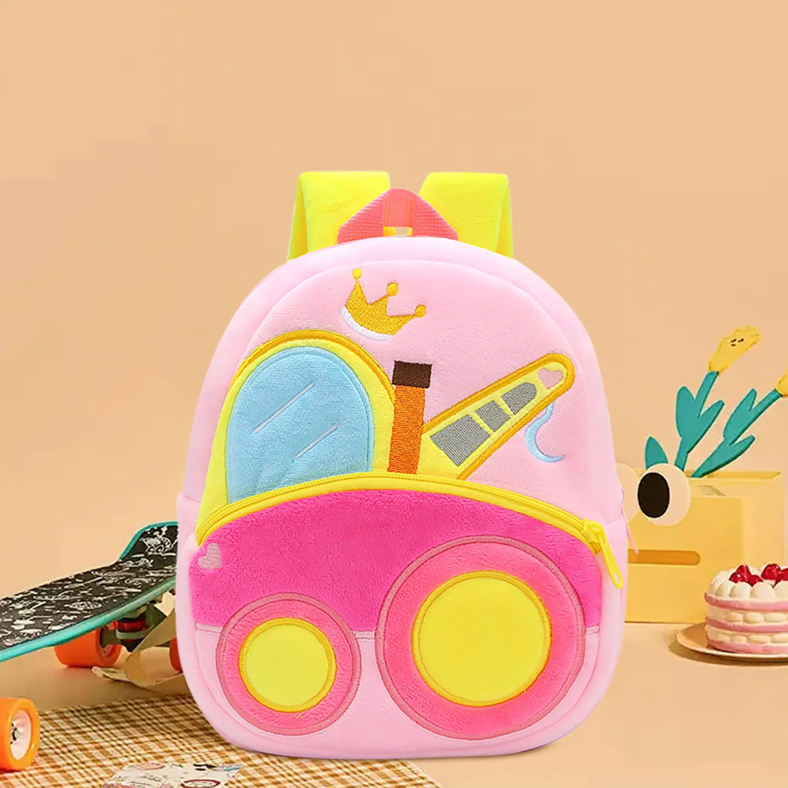 

Kids' Plush Backpack With Construction Vehicle Pattern With Cartoon Plush And Dump Truck; Womens Backpack Purses And Handbags