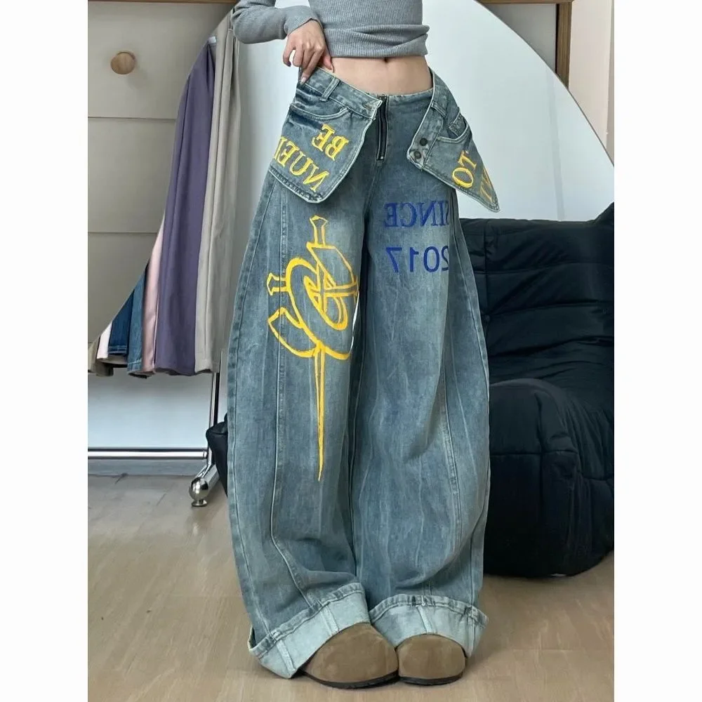 Trend Metal Buckles Decorated Scimitar Pants Distressed Curved-Leg Jeans Mid Waist Wide-Leg Pants Women Trousers Y2k Streetwear