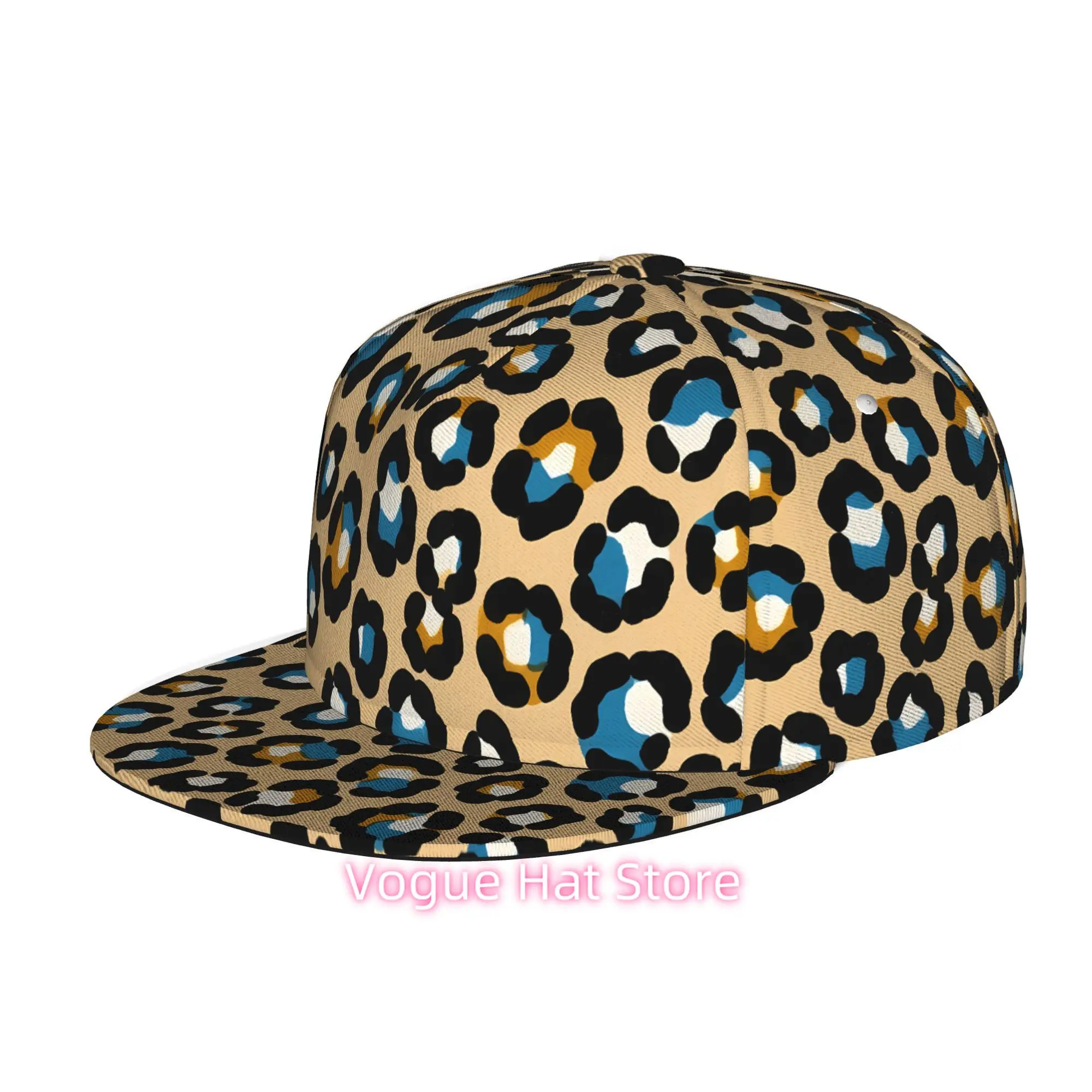 Leopard Pattern with Blue and Yellow Spots, Men Women Unisex Flat Brim Baseball Cap, Hip Hop Streetwear Snapback Trucker Hat for