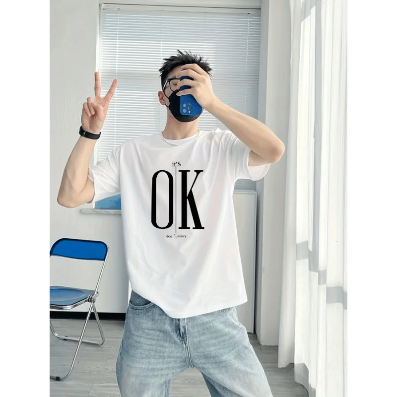

Мужская футболка из 100% хлопка с узором OK — повседневная футболка с круглым вырезом и непрозрачным повседневным узором Футболка с круглым вырезом Трикотажная ткань