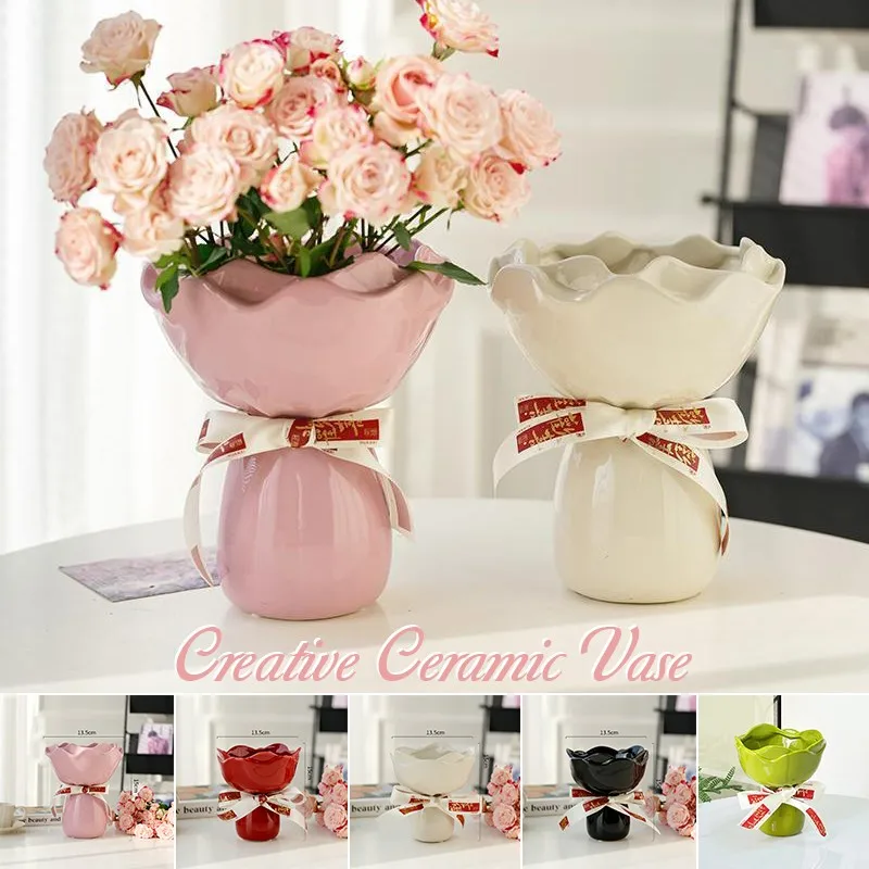 1pc Ceramic Vase Rose Flower Shaped Vase Desk Decoration Flowers Arrangement Girding Decorative Home Bouquet Aesthetic Decor