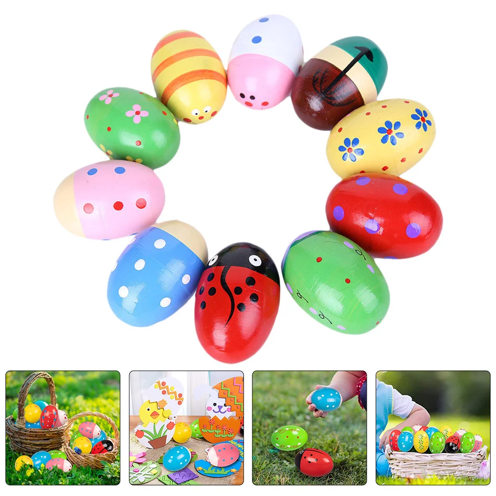 

16 Pcs Egg Ornaments Painted Easter Eggs Children’s Toys Wooden Shakers Percussion Music