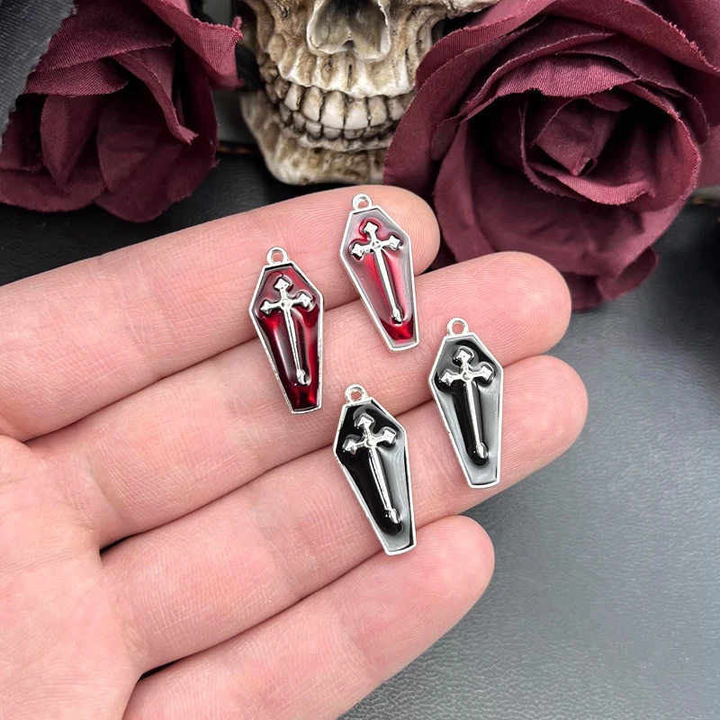 10pcs 26*11mm Enamel Halloween Charms Vampire Cross Coffin Pendants for Necklace Keychain Diy Jewelry Making Accessories