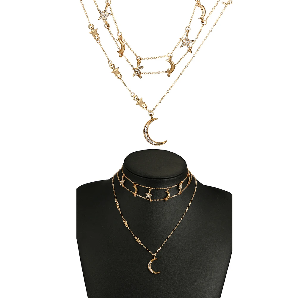

Multi-layered Star Necklace Inlaid Multiple Chain Moon and Pendant Pentagram