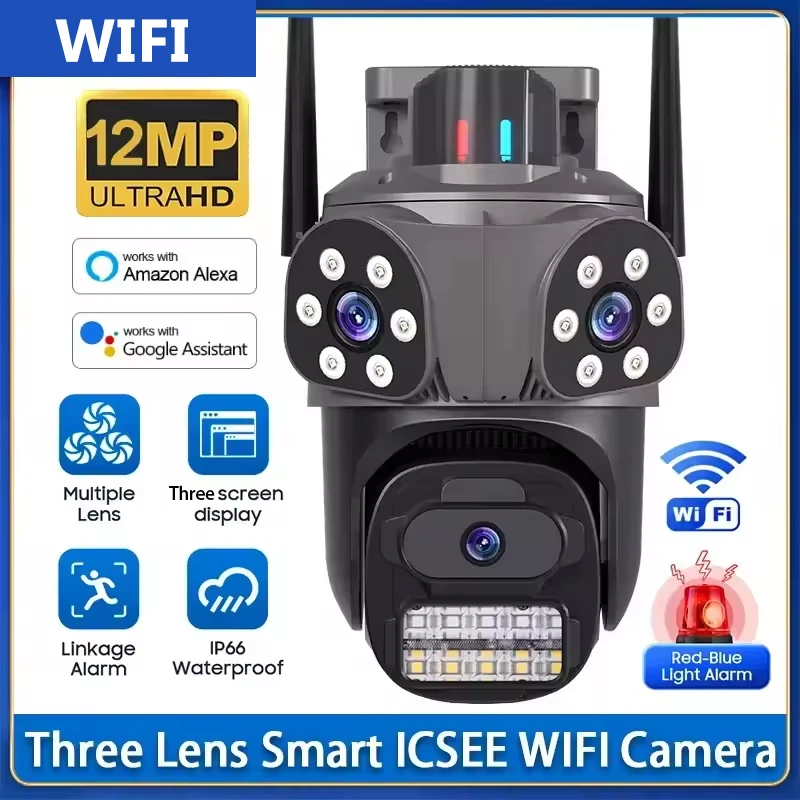 

12MP HD WiFi IP Camera Outdoor 3 Lens 3 Screen PTZ Camera Waterproof IP CCTV Lights Alarm Night Vision Video Security Camera