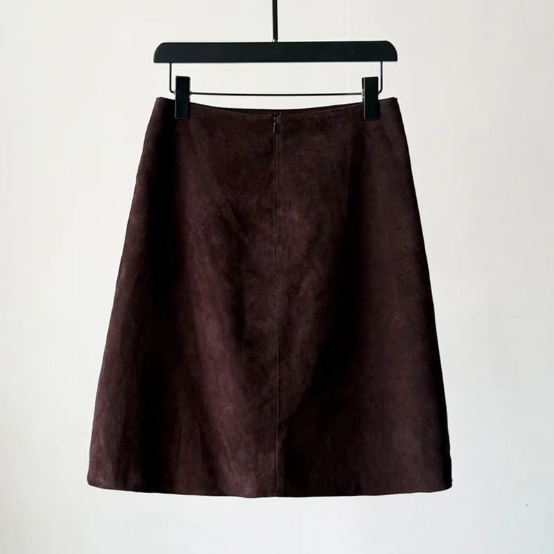 Retro Coffee Women Sheepskin Suede Short Skirts Casual Back Zipper Female Real Leather Suede Leather A-line Skirts 2026 New