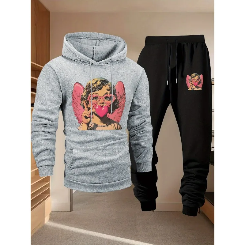 Angel Love ثلاثية الأبعاد مطبوعة الرجال كم طويل هوديي قطعتين مجموعة ملابس رياضية كاجوال موضة الاتجاه مجموعة هوديي 2025 طبعة جديدة #6