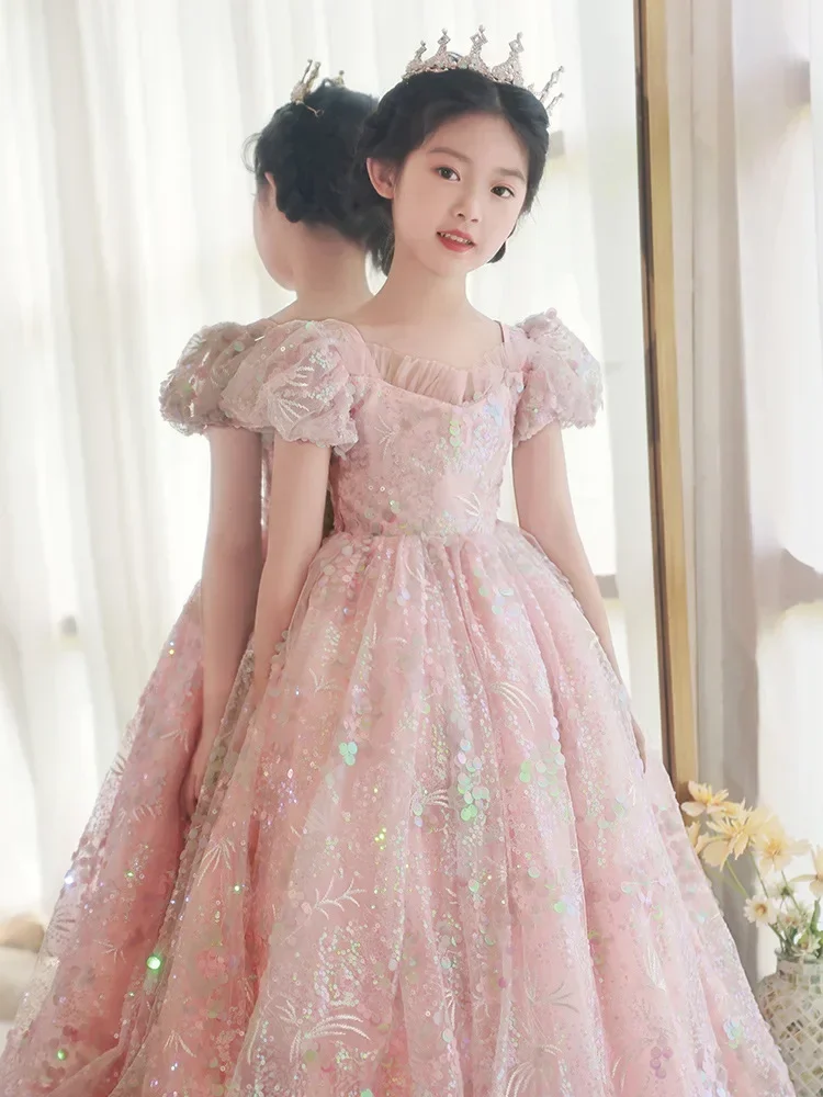 Baby Girls Sequined Long Dress Young Girls Puff Sleeves Pink Ball Gowns Children Princess Birthday Pageant Graduation Party Wear