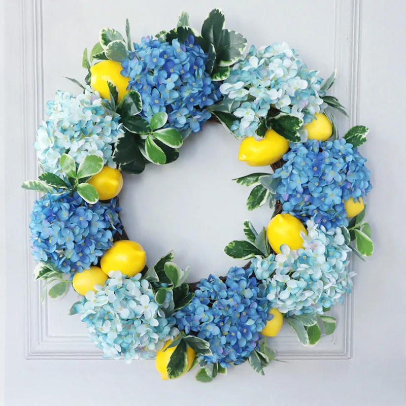 Summer Lemon Wreath Hydrangea Wreath for Front Door Fruit Wreath with Yellow Lemon Fake Flowers for Home Wall Window Decoration