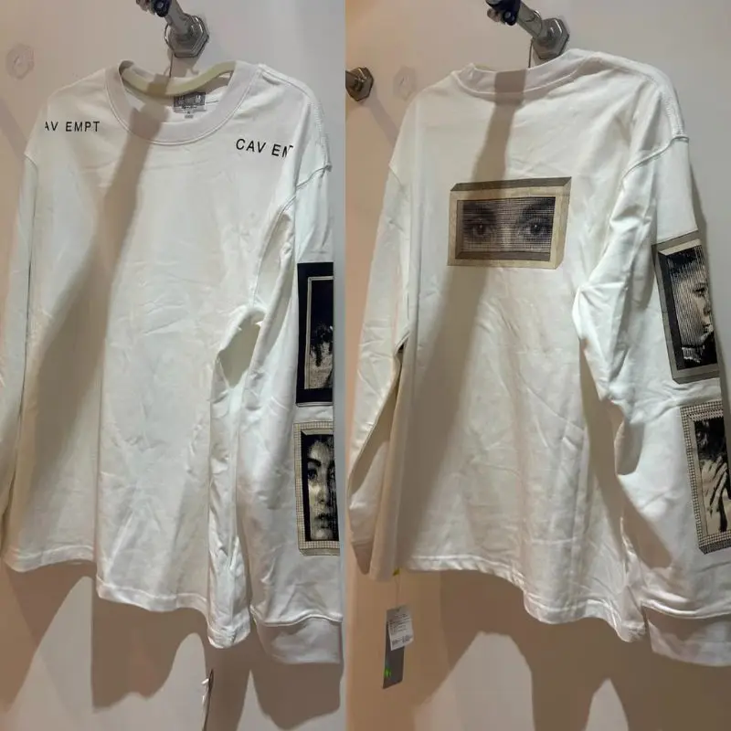 CAVEMPT Tshirts Breathable Cotton Portrait Eye Pixel Pattern White Street Outfit Men Women Round Neck Long Sleeve CE Pullover
