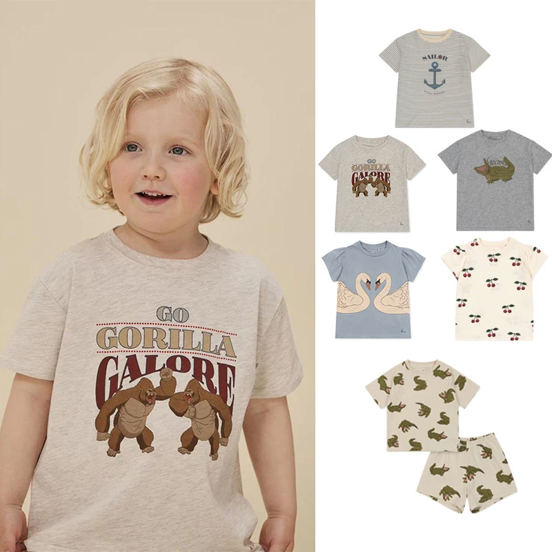 

Kids Set 24 Spring Summer New KS Kids Striped Cherry Short Sleeve Boy Orangutan Base T-Shirt Girls Crocodile Home Set 【in Stock】