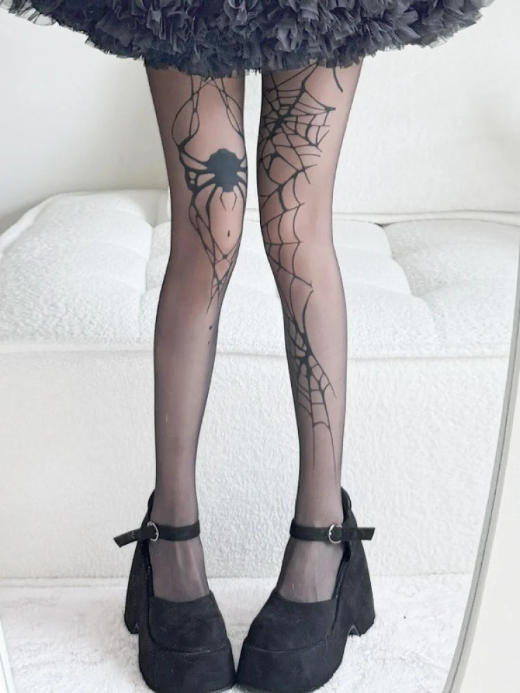 Hot S Spider Web Print Stoings Tattoo Thin Bla Silk Panhose Halloween Cosplay Base Layer Strumpfhosen Damen Freizeithosen