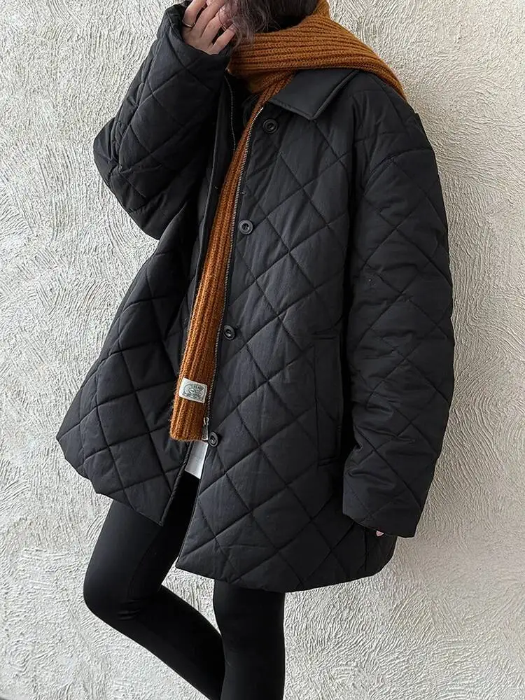 Black Big Size Warm Long Cotton-padded Coat Lapel Long Sleeve Women Parkas Fashion Tide New Autumn Winter