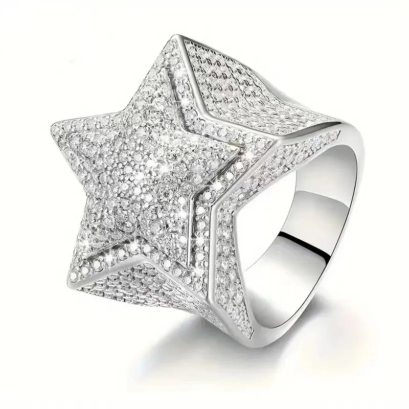 S925 silver moissanite ring with five pointed stars full of moissani hip-hop trendy men's ring temu