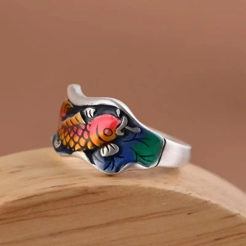 DF New Silver Color Carp Ring Art Colorful Six Word Truth Opening Index Finger Fashion Personality Female Jewelry