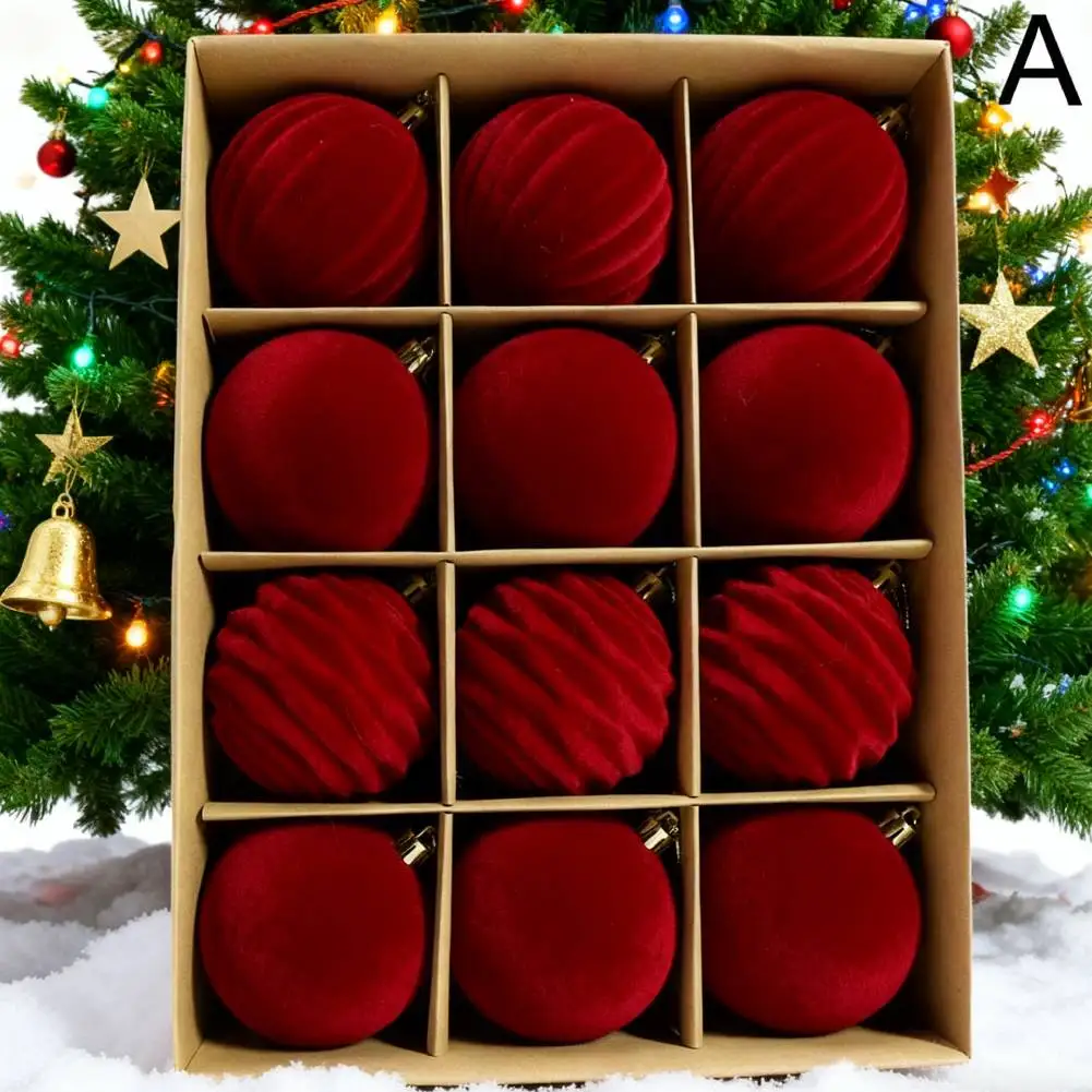 Samt-Weihnachtskugeln, grün, 12 Stück, beflockte Weihnachtsbaumschmuck-Sortiment für Weihnachtsbaum-Weihnachtsdekoration