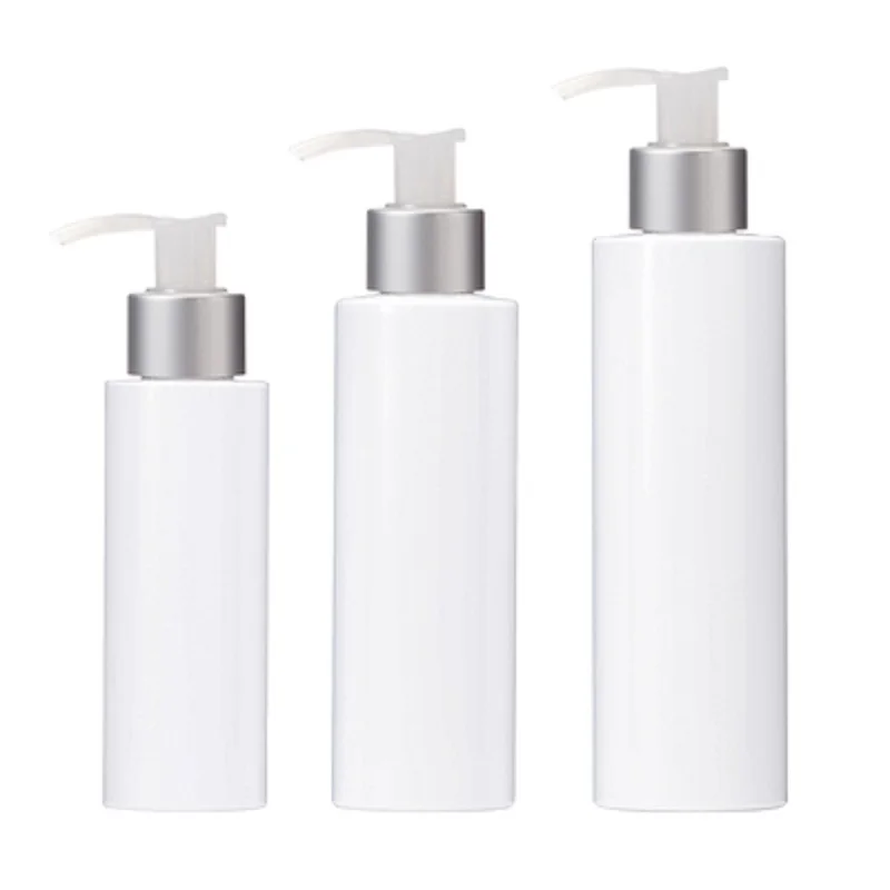 25Pcs Empty White Plastic Bottle Matte Silver Collar Clear Lotion Pump 100ML 150ML 200ML Refillable Cosmetic Packaging Container