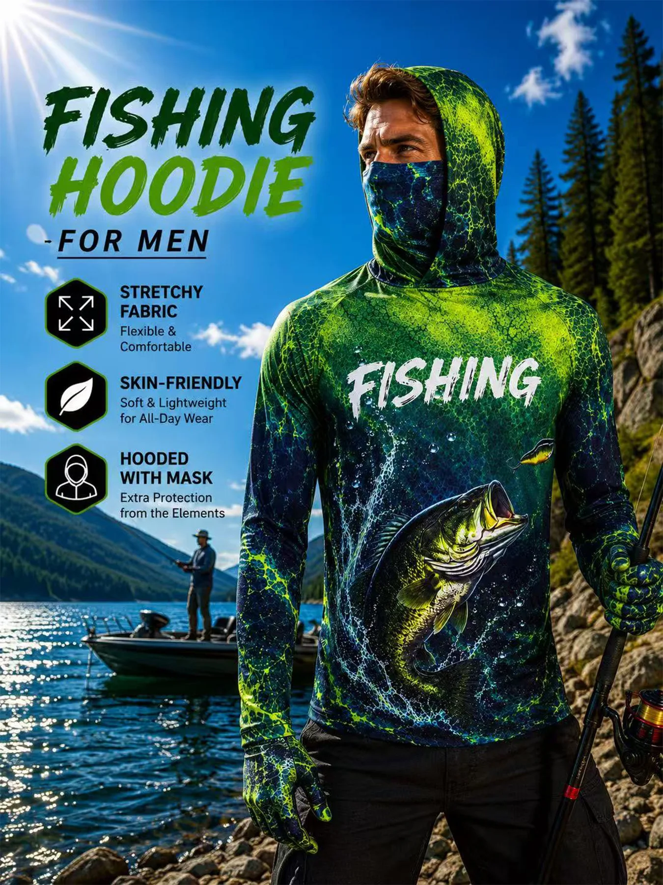 UPF 50+ Breathable Quick-Dry Fishing Hoodie Men UV Protection with Face Mask Neck Gaiter Anti-Mosquito Outdoor Hooded Sun Shirt