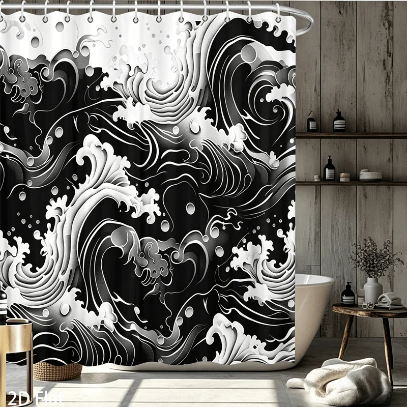 

Dramatic Black and White Wave Pattern Shower Curtain Japanese Ocean Sea Design Waterproof Bathroom Curtain Liner 180x180cm