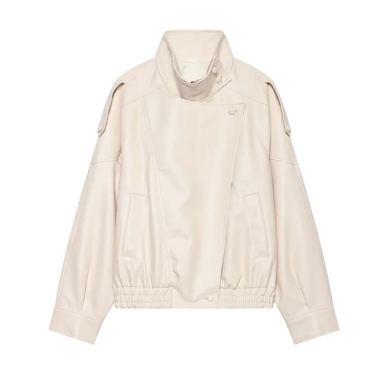 Women Faux Leather High Neck Long Sleeves Jacket Lady Autumn New Arrival Coat Solid Color Minimalist Coat Loose Fit