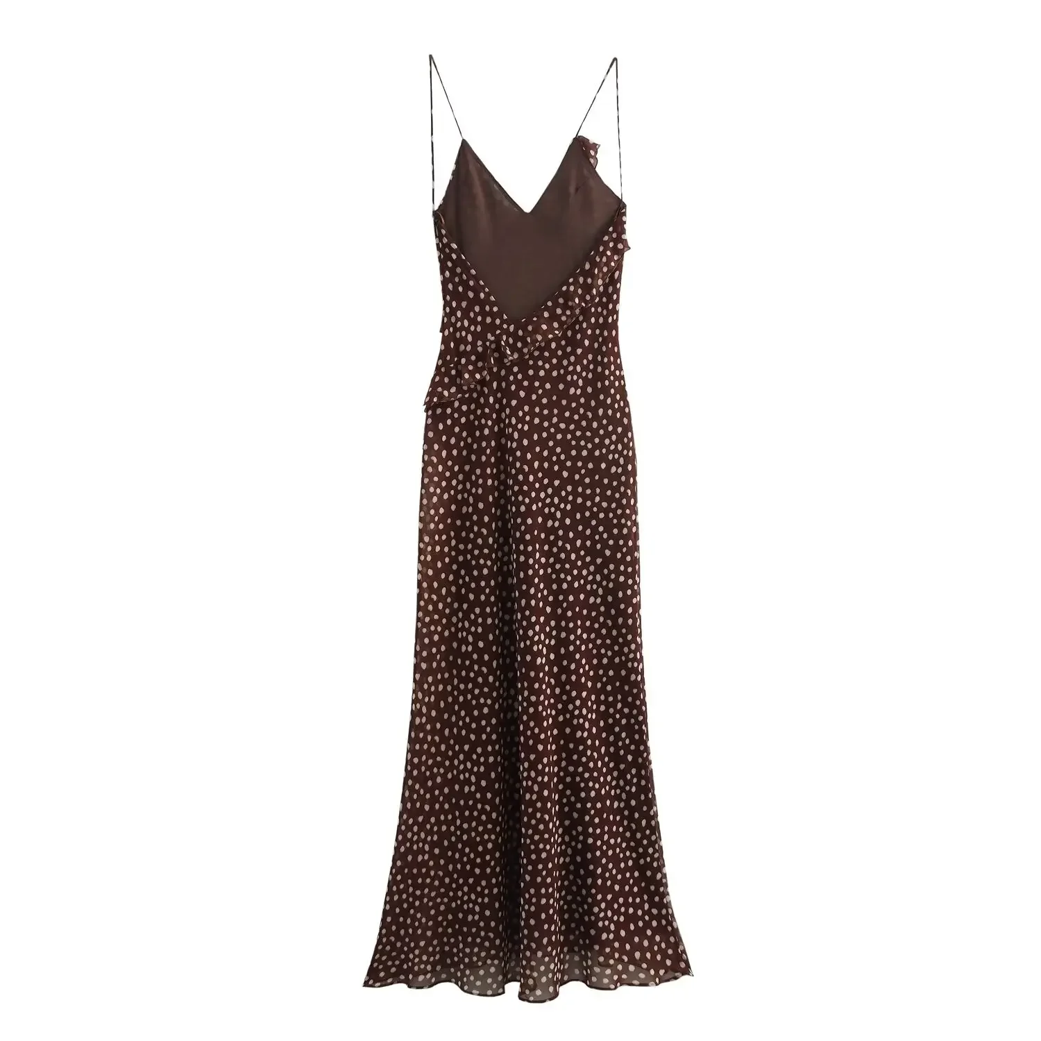 Women Coffee Dots Ruffles Chiffon Dress Sleeveless Backless 2025 Female New Year Dresses 6X0452
