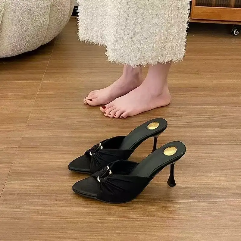 New Summer Pointed Toe Open Toe Slippers Hepburn Style Thin Heel Unique Design Metal Buckle Low Cut Fashionable Women Shoes