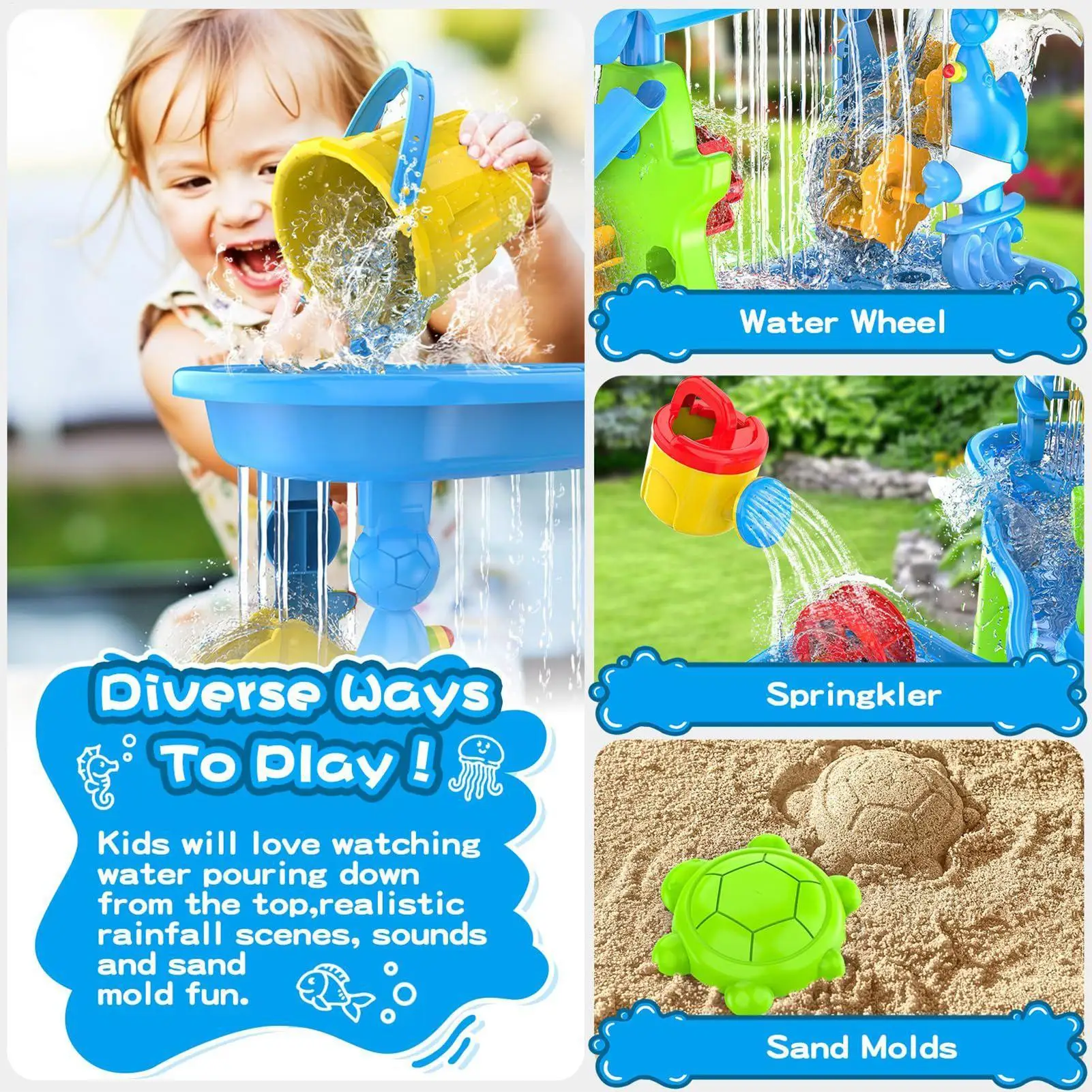 Kids Water Table 6-Tier Water Sand Play Table Rotatable Activity Pool 13 Pieces Toy Accessories for Kids Ages 3-8 Birthday Gifts