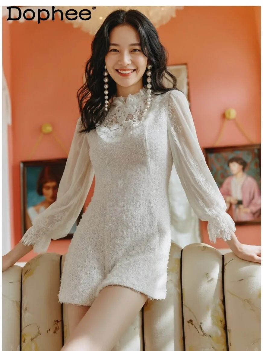 

2026 New French Gentle Wind White Lace Dress Women's Bubble Sleeves Stand-up Collar Temperament Elegant Versatile Short Dress