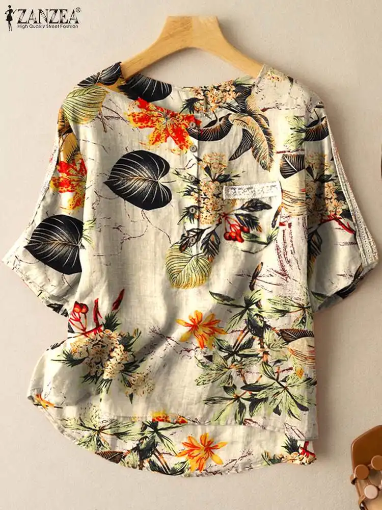 Summer O Neck Half Sleeve Floral Printed Blouse ZANZEA Women Vintage Casual Tops Tunic Bohemian Holiday Blusas Oversize Shirt