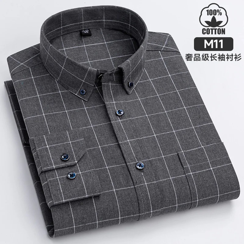 2024 New Pure Cotton Sanding Plaid Men\'s Shirt Spring And Autumn Casual Fashion Business Slim Fit Comfortable Long Sleeves Top