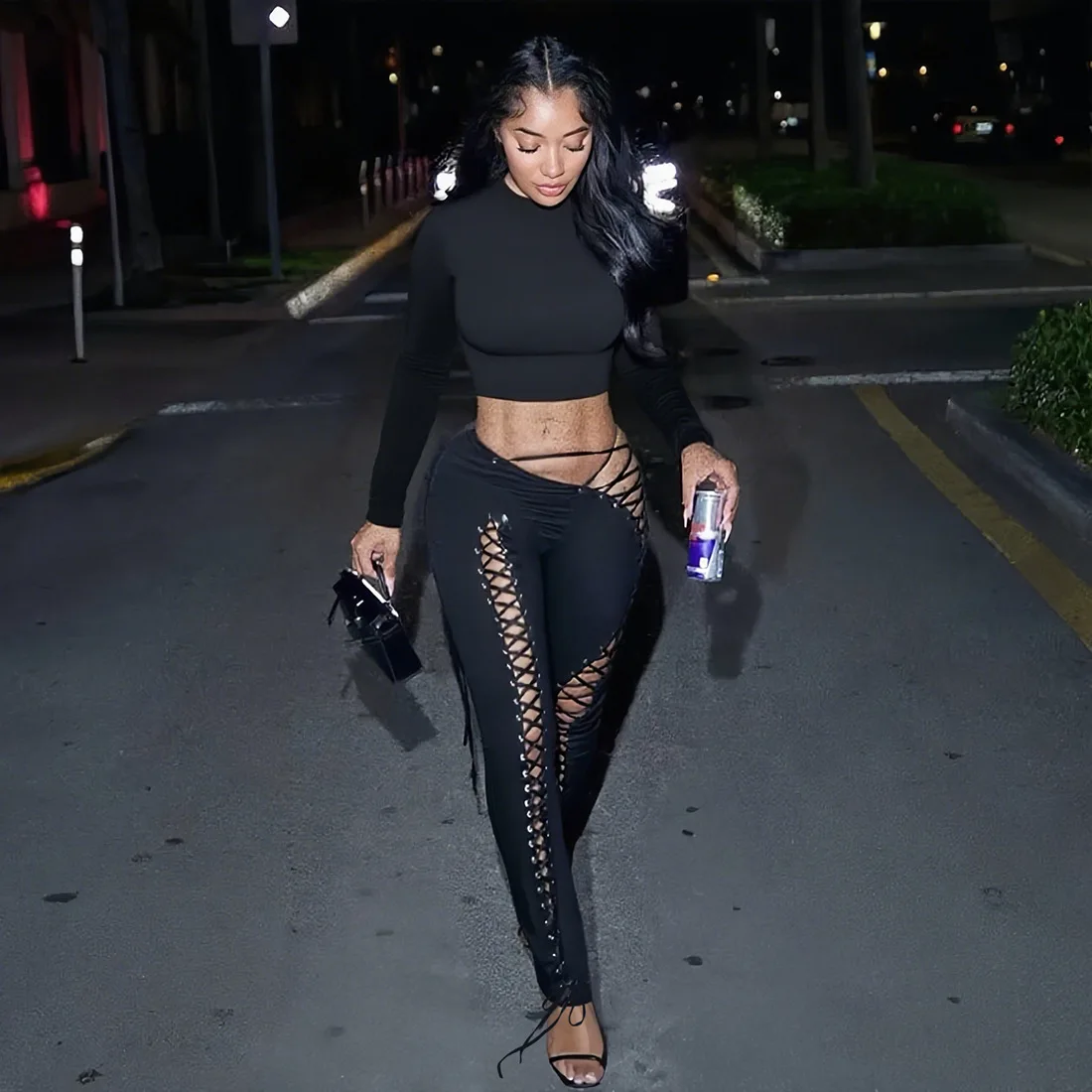 

Bangniweigou женский топ с длинными рукавами, модный сексуальный комплект с полым ремешком на шнуровке, узкие брюки, комплект из двух предметов, черный