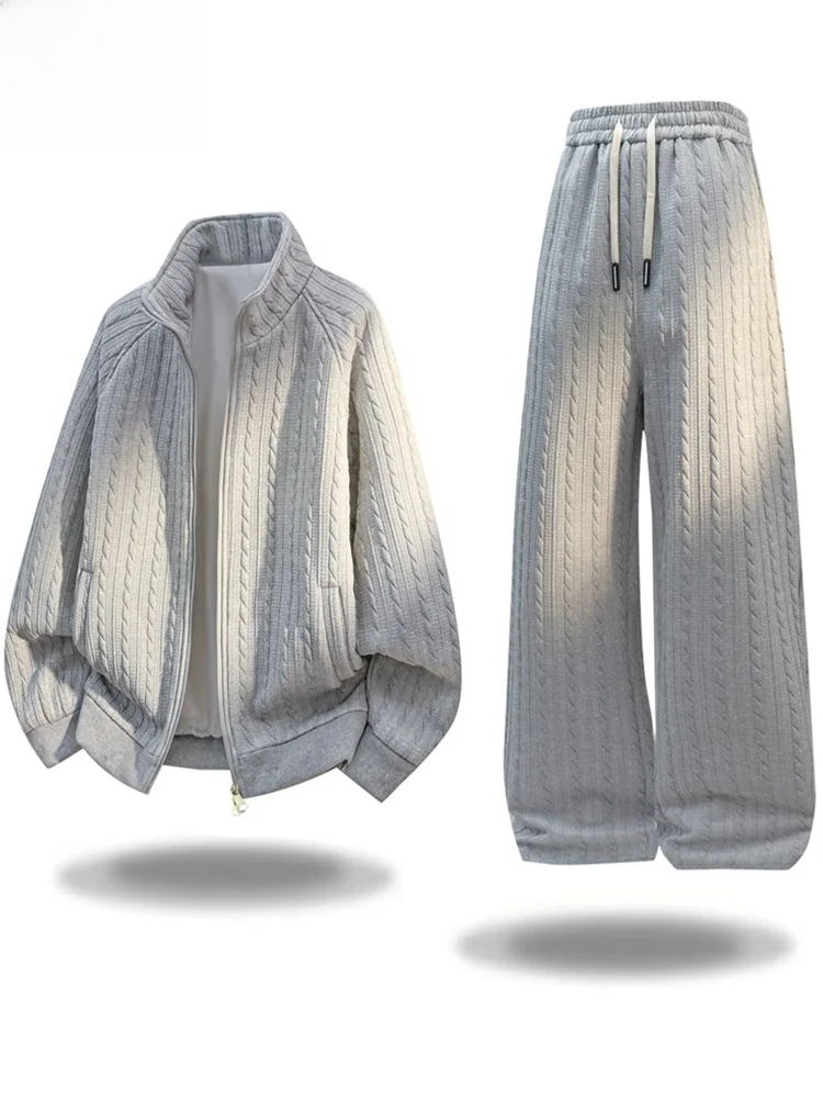 Conjunto de Cardigan Casual Solto e Elegante para Homens TUCANO, Conjunto de Duas Peças com Bordado Floral e Gola Alta, Roupa Versátil