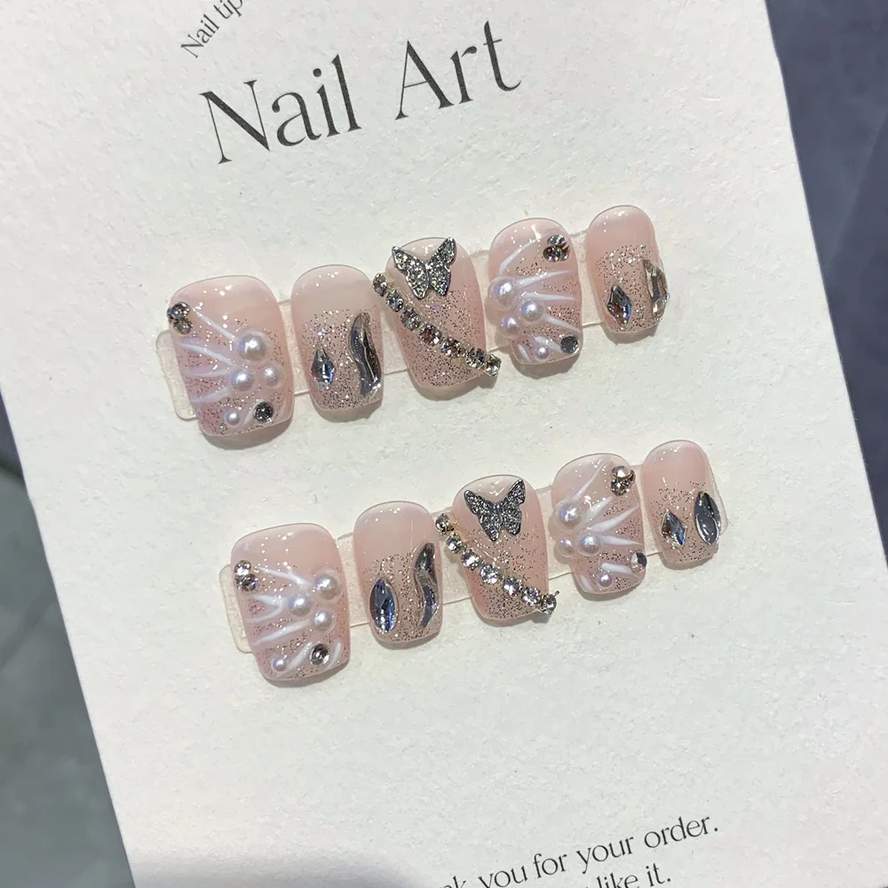 Handmade Pink Press on Nails Fairy Hand Paint Design Reusable Adhesive Fake Nails Korean Full Cover Nail Tips Manicure for Girls