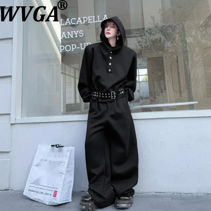 

WVGA 2026 Spring New Men Solid Color Hooded Sweatshirt Ribbon Decoration Niche Chic Casual Wide-Leg Pants Two Pieces Sets W18600