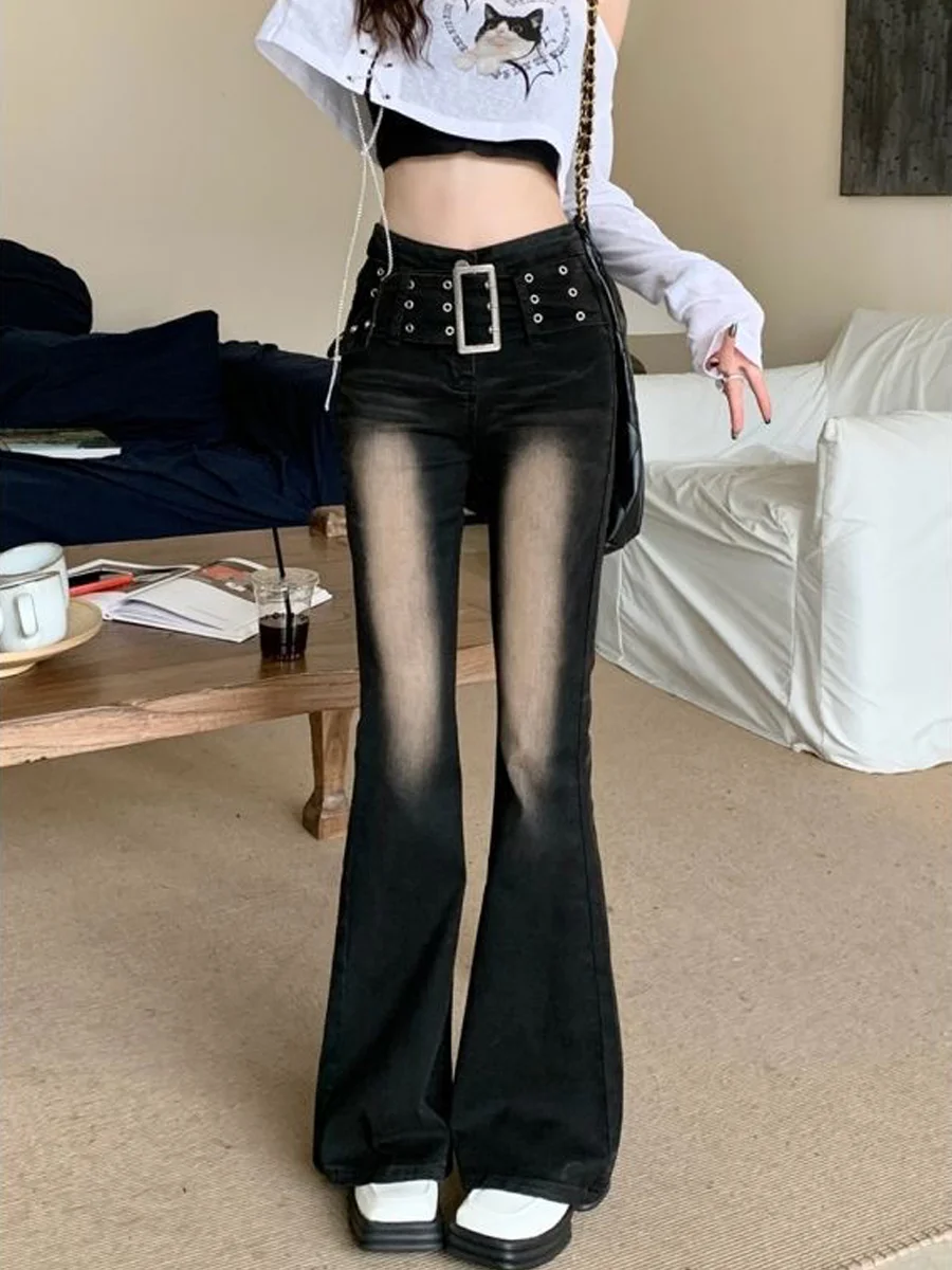 

Retro American Style High Waist Distressed Denim Jeans Women's Summer Slim Fit Micro Flared Pants Elastic High Street Floor-L...