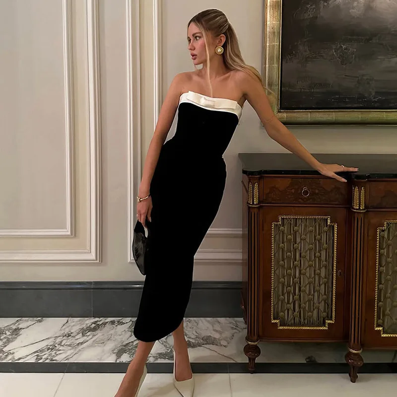 2025 여름 신상 여성 블랙 & 화이트 패치워크 바디콘 드레스 섹시 슬림핏 패셔너블 여성 클럽 파티웨어 트렌디 의상