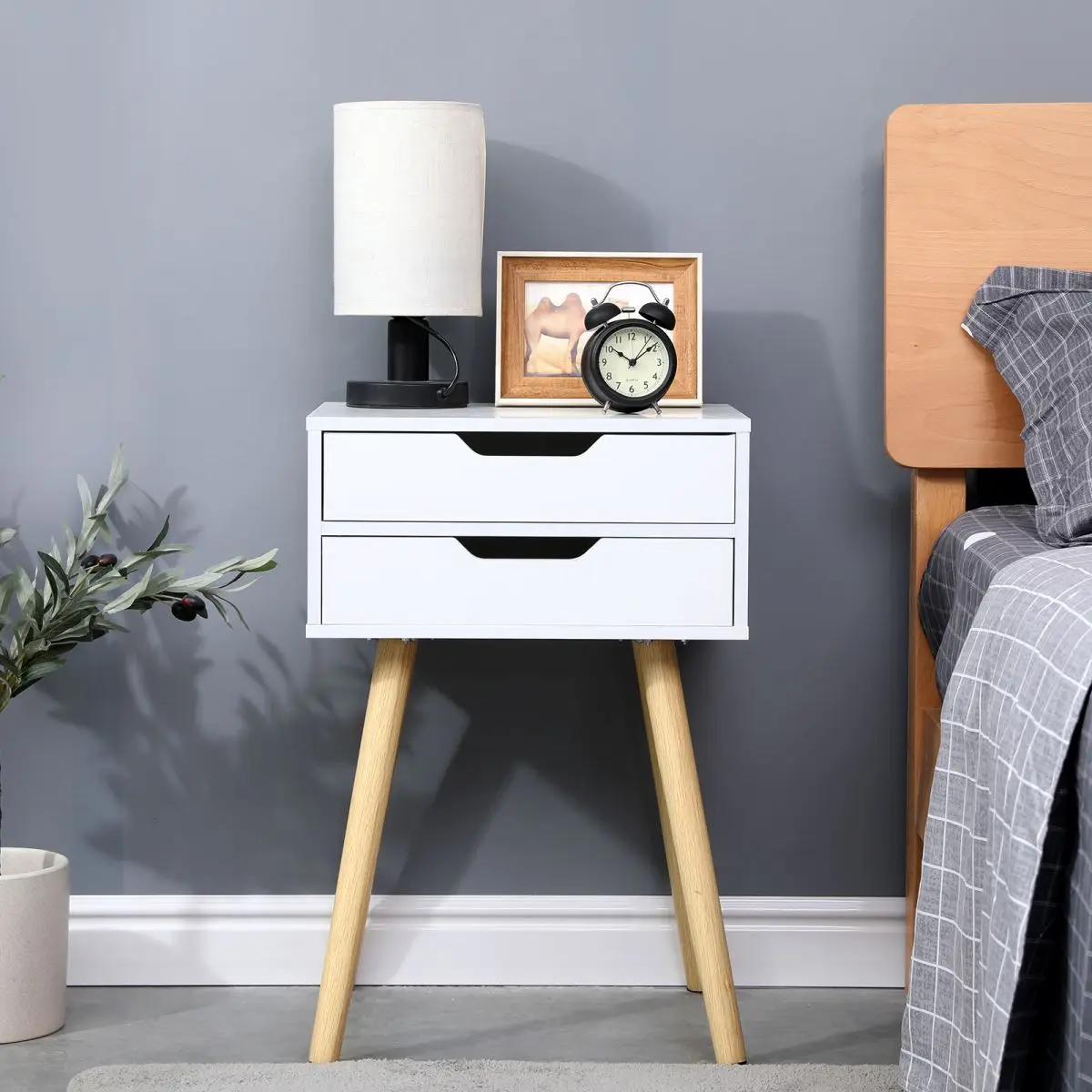 Modern White Bedside Table with Wood Legs and 2 Drawers - Contemporary Design with 20kg Load Capacity