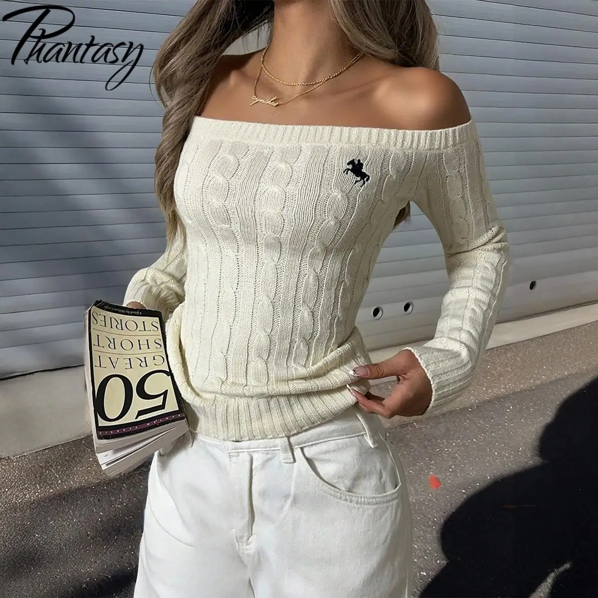 Phantasy Autunno Moda Semplice con spalle scoperte Maglione a maniche lunghe Donna Casual Slim Skinny Pullover Top Maglione minimalista