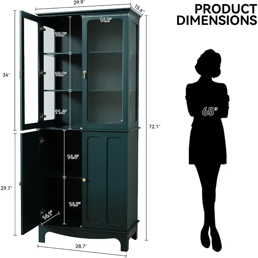 72 China Cabinet for Dining Room and Living Room, Freestanding Kitchen Pantry in Dark Teal with Tempered Glass Doors and Adjust