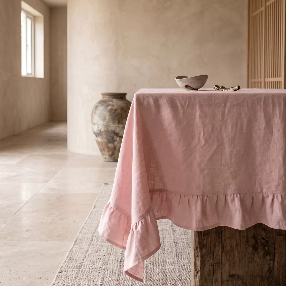 100% Pure Linen Tablecloth with Ruffles Natural Fabric Flounce Fishtail Table Cover for Kitchen Dining Party Holiday Tabletop De