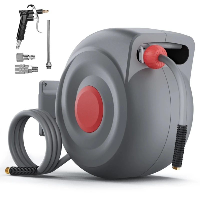 50 Ft Retractable Air Hose Reel 3/8 in Auto Rewind with Air Blow Gun Any Length Lock for Compressor Hardware Pneumatic Parts