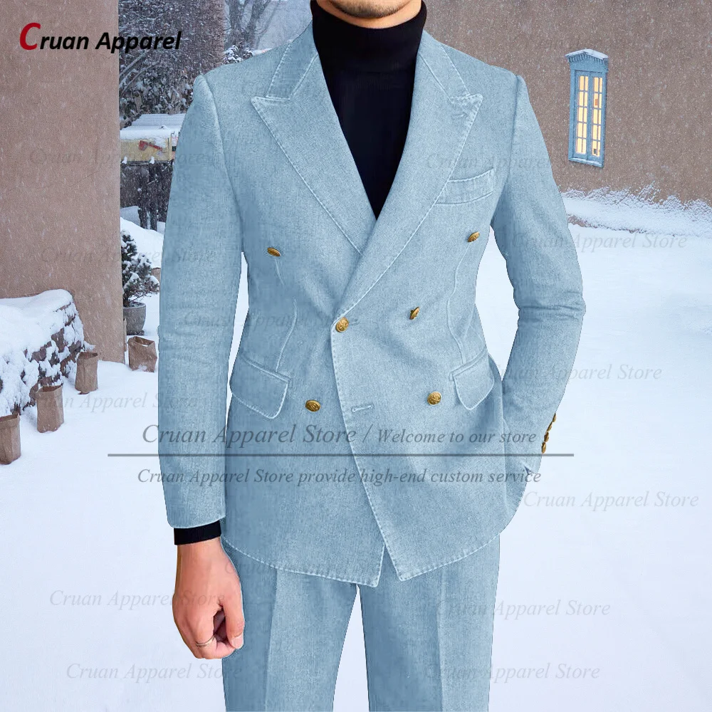 Latest Denim Suit Men Slim fit Fashion Double Breasted Business Wedding Vintage Tuxedo Tailor-made Casual Jacket Pants 2 Pieces