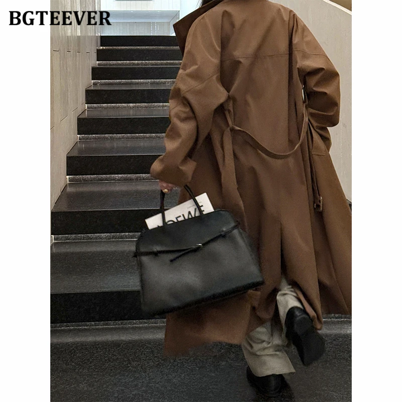 BGTEEVER New Autumn Korean Style Loose-Fitting Long Trench Coat for Women, Belted Open Stitch Overcoats