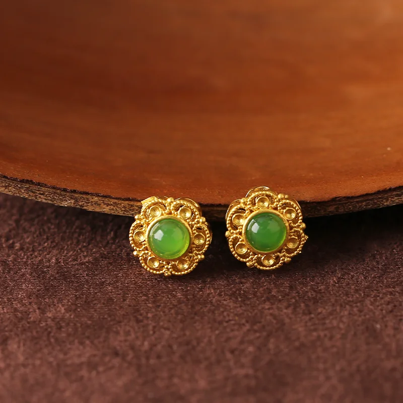 2 Flower-Shaped Green Onyx Hollow Spacer Bead Charms - Gold-Plated Jewelry Accessories