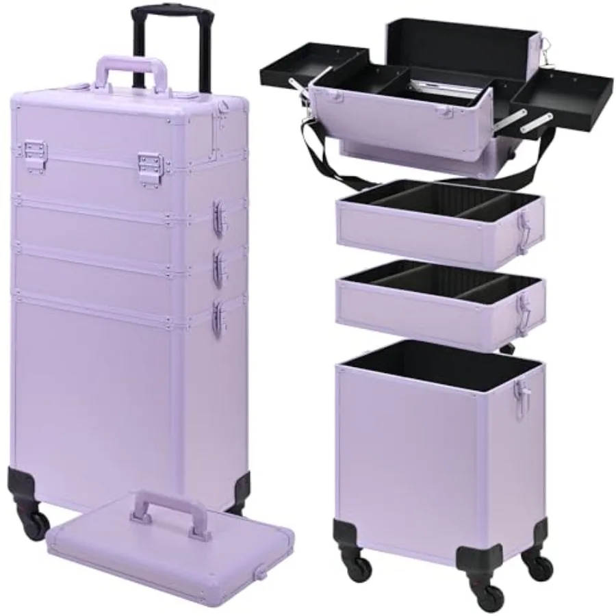 

Rolling Makeup Case for Salon and Barber Use, Purple PU Leather, 5-in-1 Wheeled Cosmetic Organizer with Lid, Large Professional