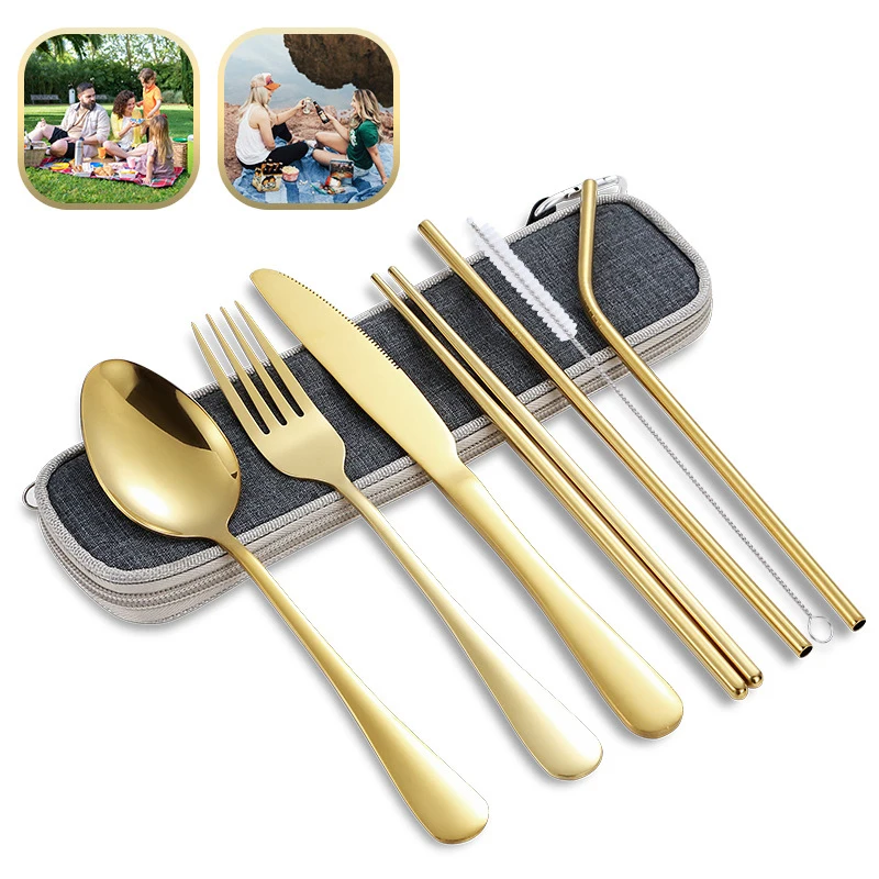 8PCS Outdoor Tableware Set Stainless Steel Knife, Fork, Spoon, Chopstick, Straw, Mountaineering Camping Portable Tableware Bag